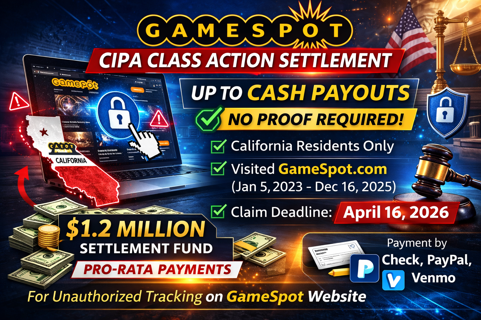 GameSpot CIPA Class Action Settlement – California Privacy Claims Promotional graphic for the GameSpot CIPA Class Action Settlement highlighting a $1.2 million fund, California eligibility, no proof required, pro-rata cash payments, and an April 16, 2026 claim deadl