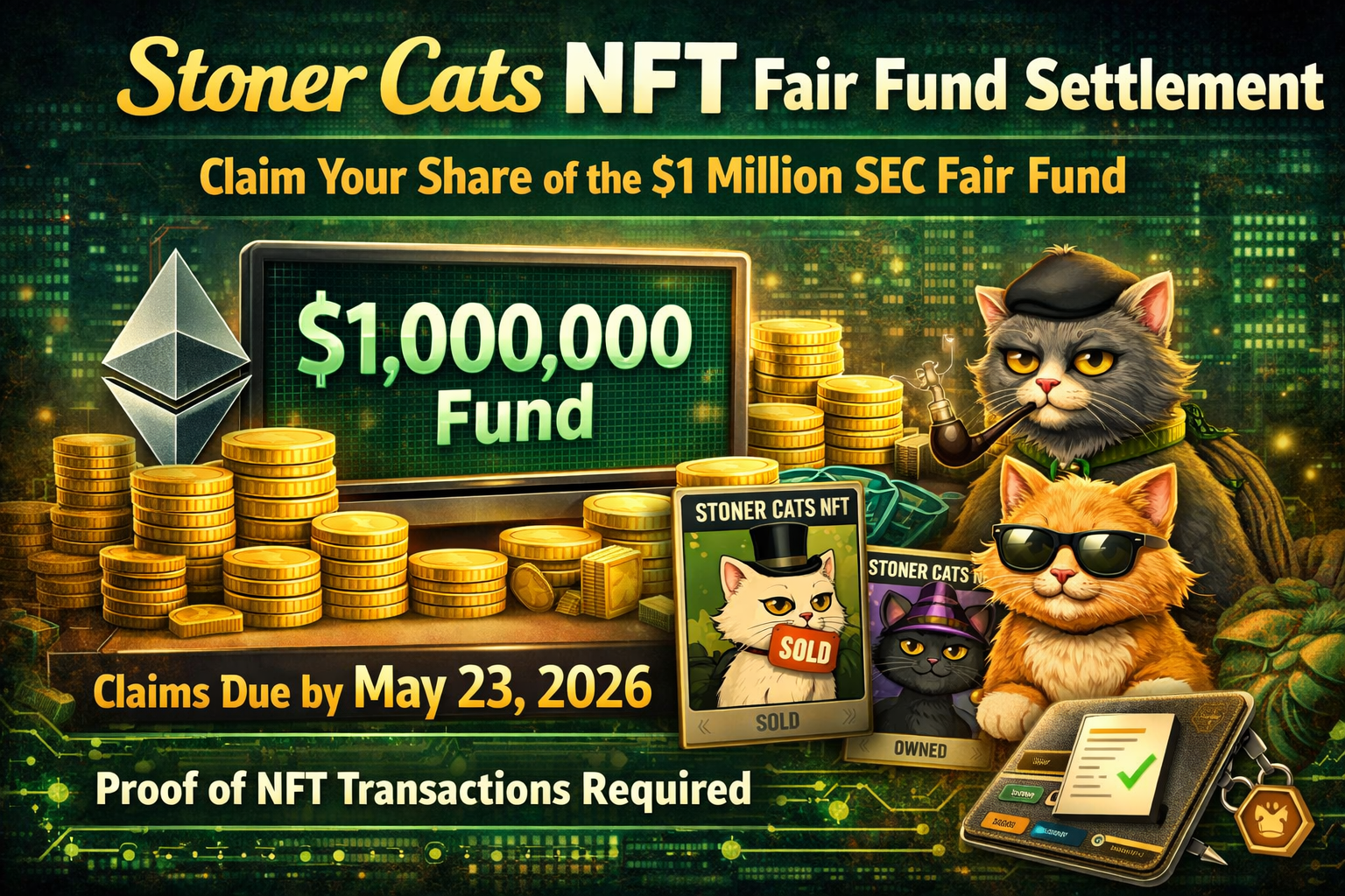 Stoner Cats NFT Fair Fund Settlement Cover Image Stoner Cats NFT settlement fair fund concept with digital artwork and legal scales representing investor compensation