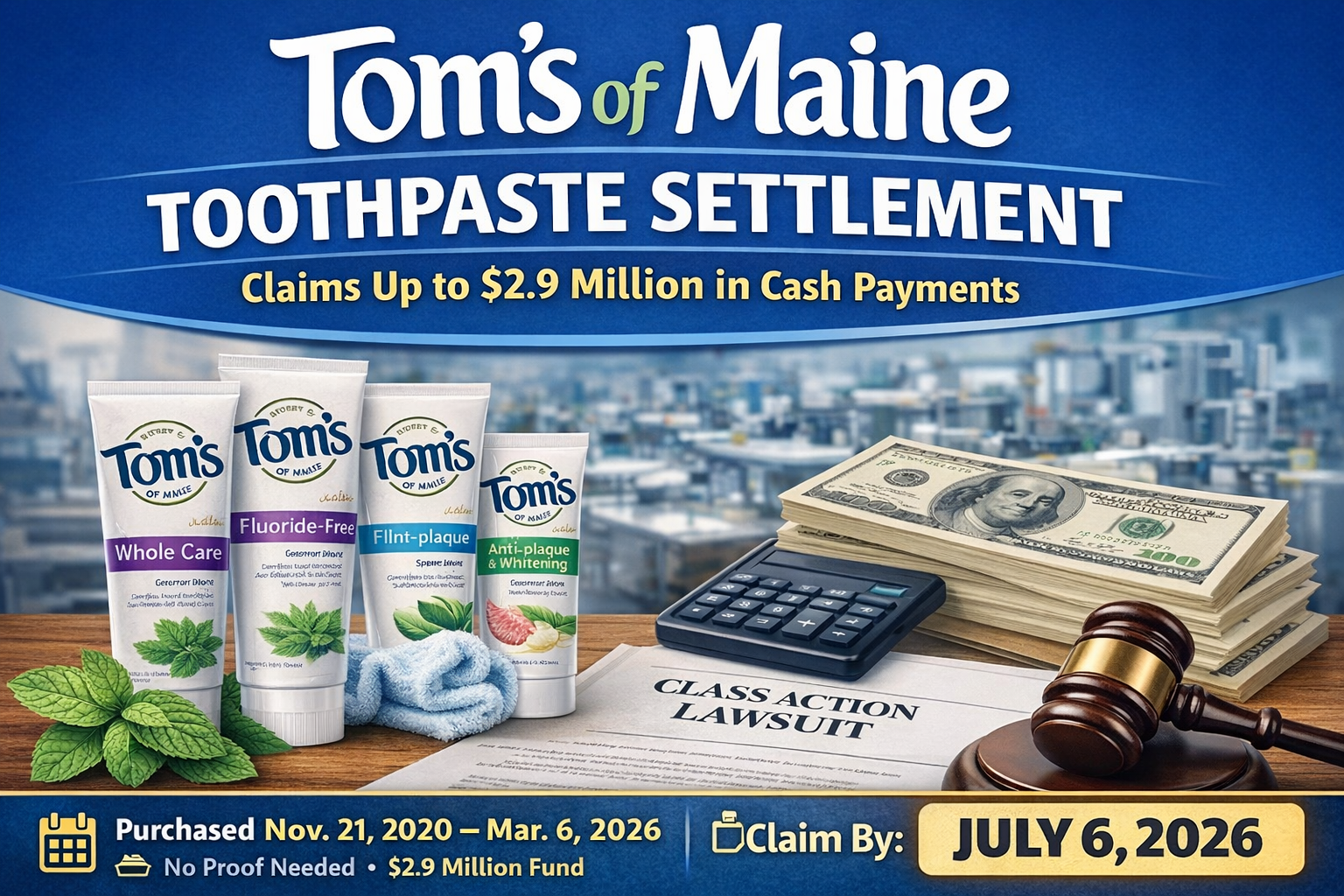 Tom’s of Maine Toothpaste Settlement Claim Details and Payout Information Tom’s of Maine toothpaste settlement graphic showing claim deadline, $2.9 million fund, and cash payout details for eligible consumers