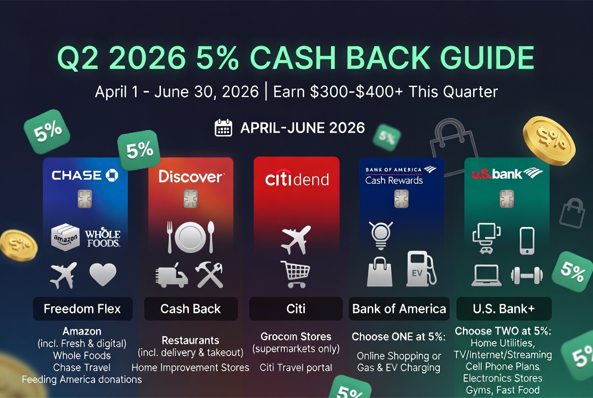 Q2 2026 5% Cash Back Guide: Chase Freedom Flex, Discover, Citi Dividend, BOA & U.S. Bank – Earn $300–$400+
